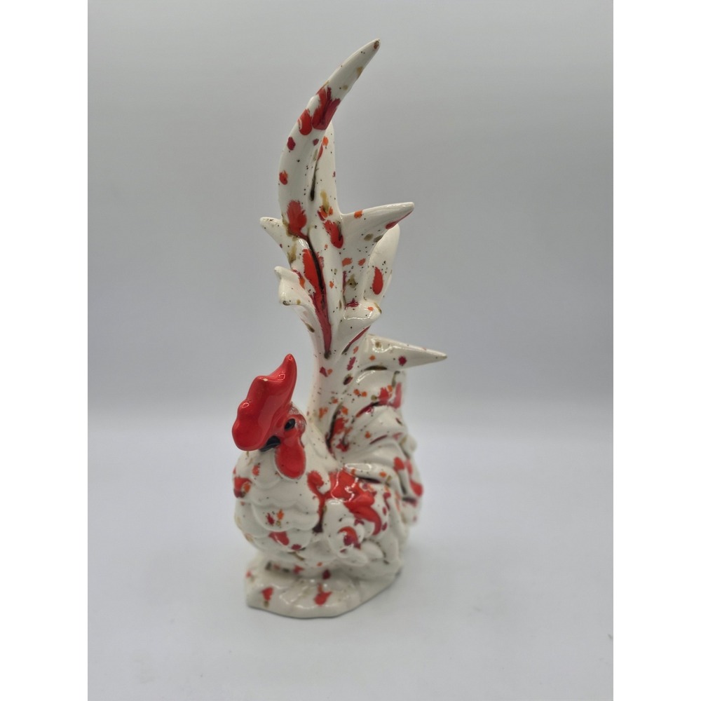 Vintage Mid Century Red Gold Splatter Ceramic Rooster Figurine 12.5 Inch